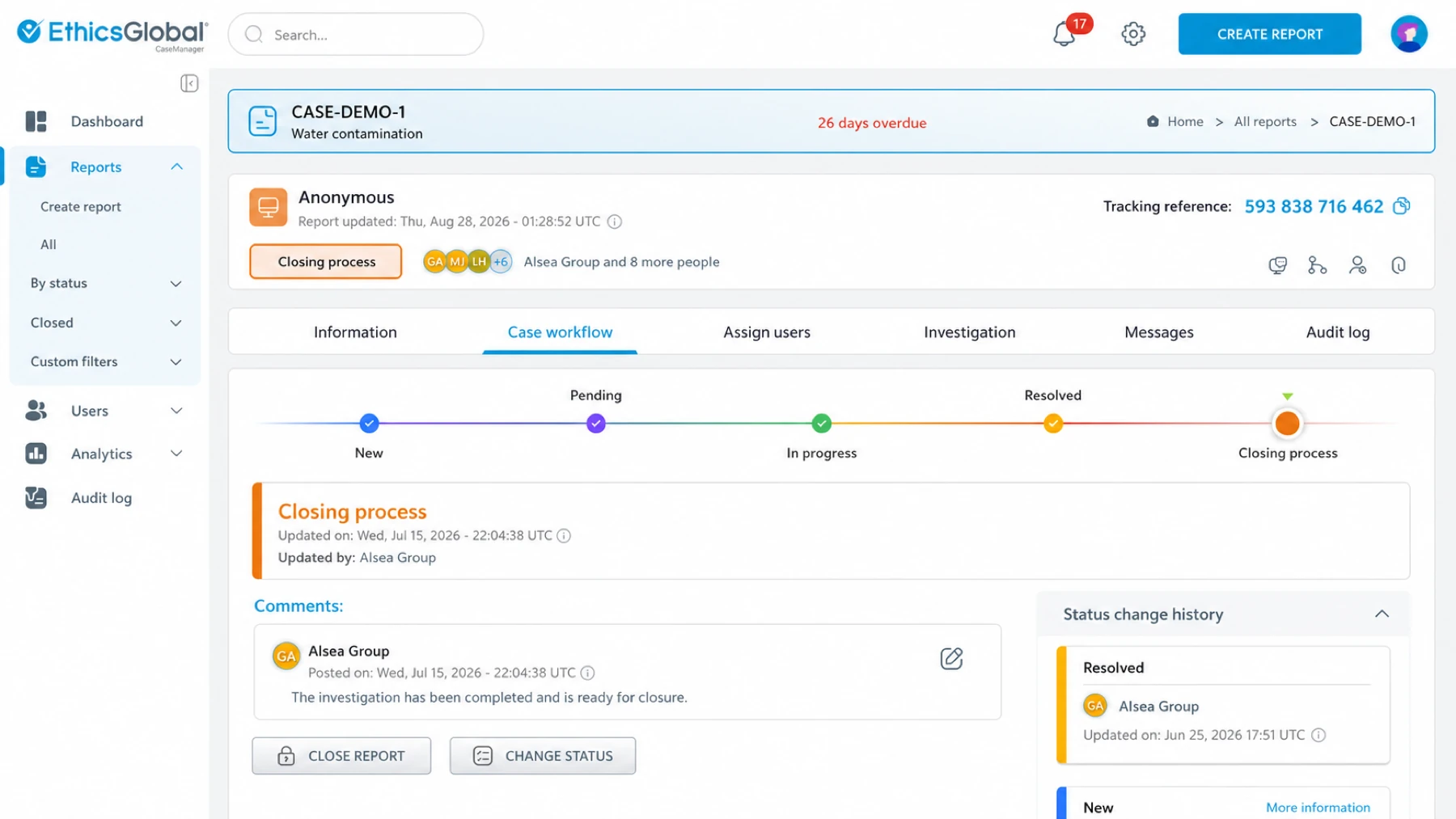 Report handling and traceability workflow in CaseManager