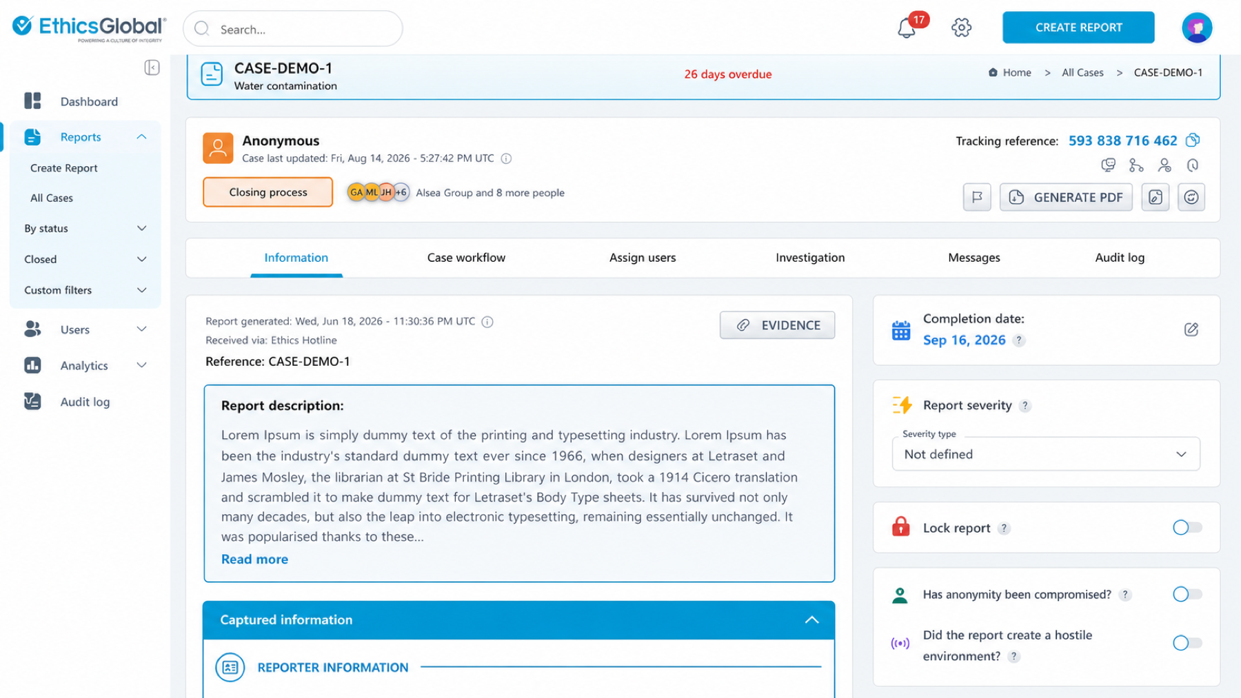 CaseManager view of report management and key information
