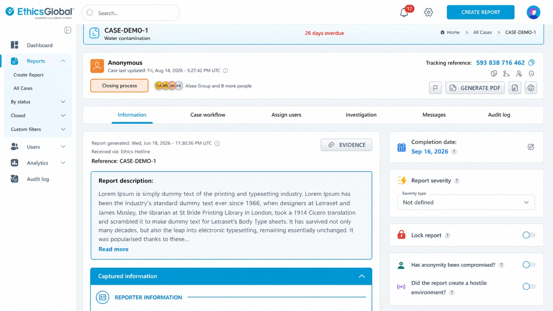 CaseManager view of report management and key information