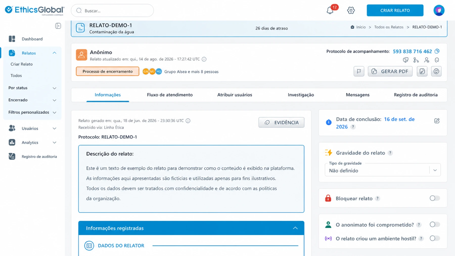 Visão da gestão e dos principais dados de um relato no CaseManager